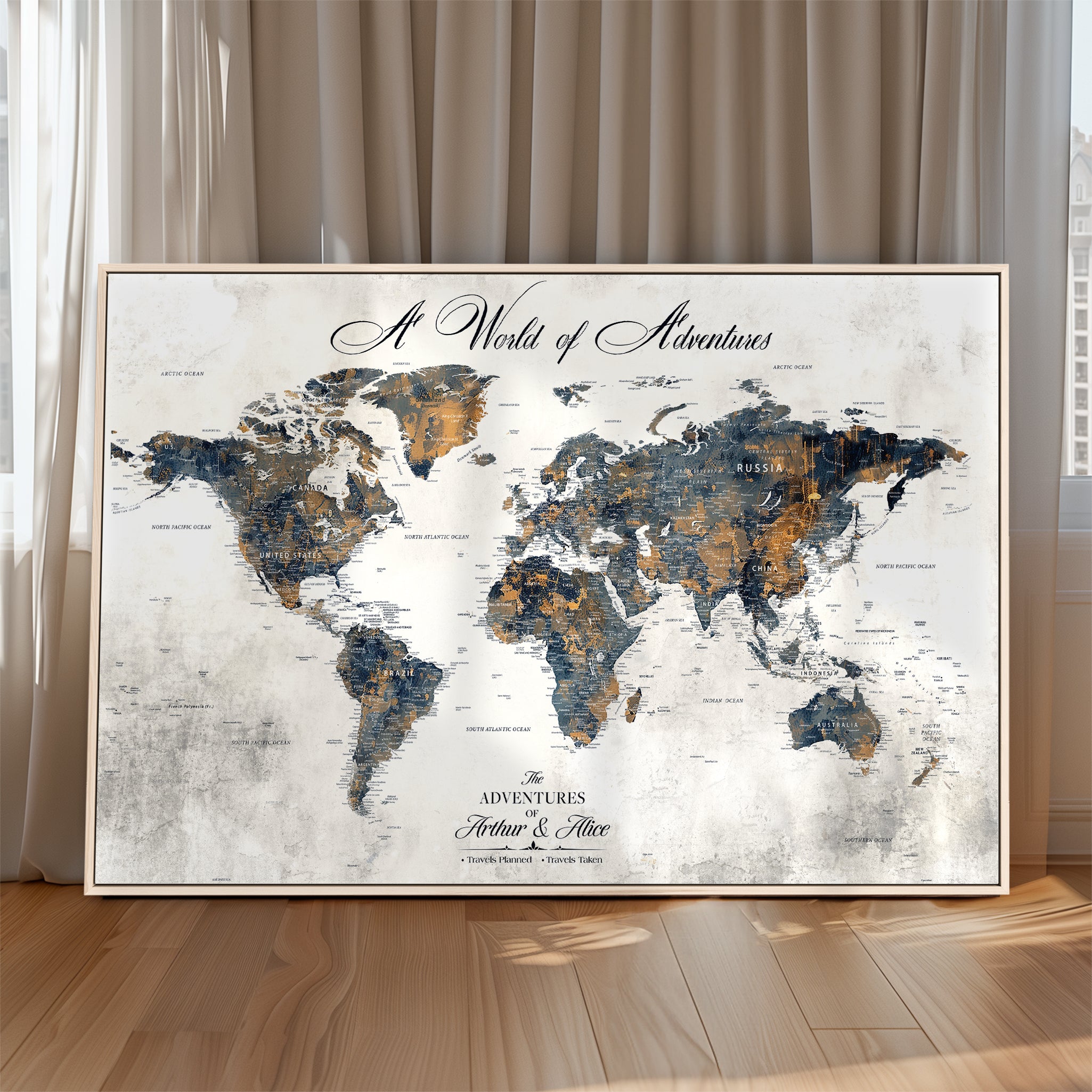 -Personalized Push Pin World Map Canvas – Custom Framed Travel Tracker Wall Art, Large Adventure Map with Pins for Home, Office