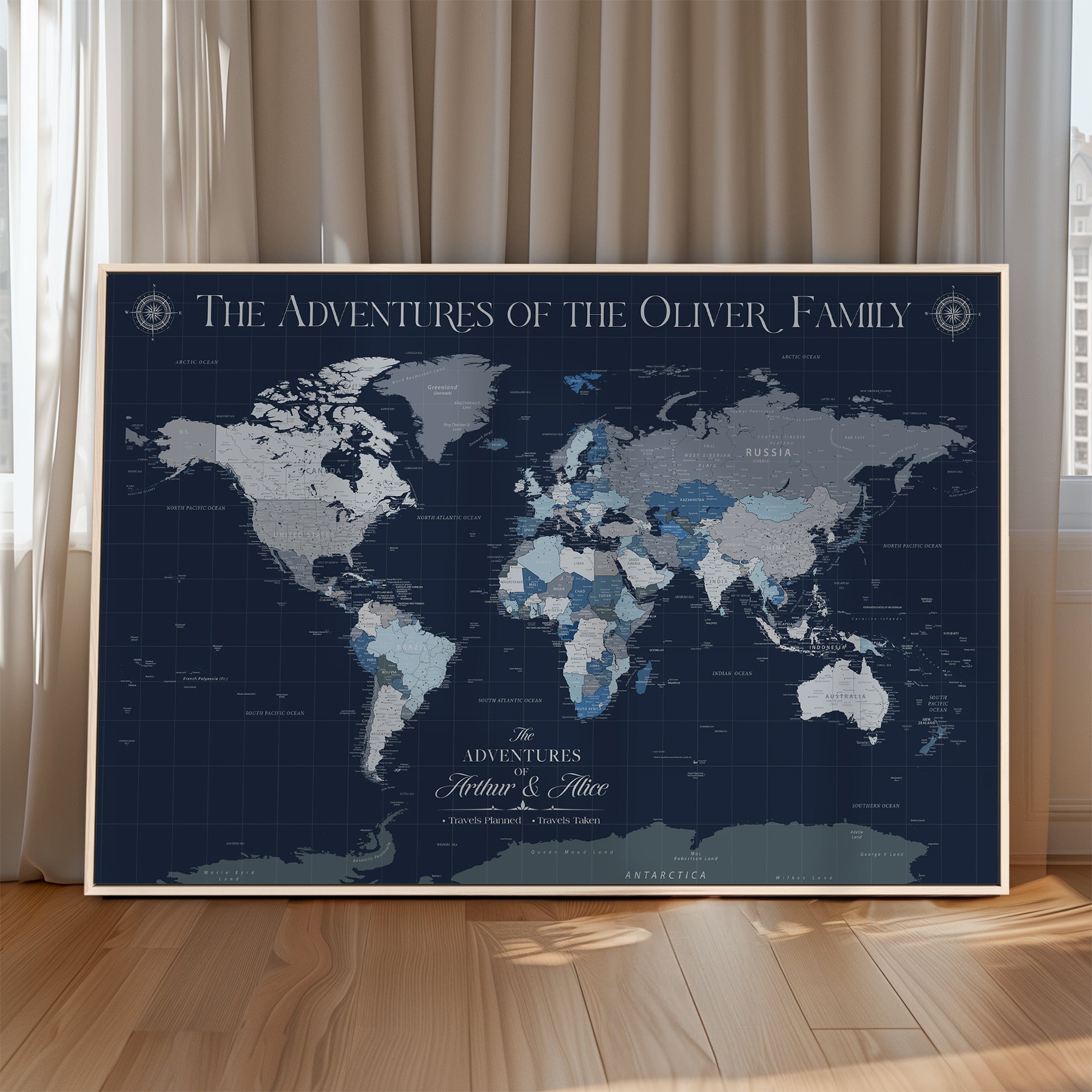 -Personalized Family Adventure World Map – Custom Framed Push Pin Travel Tracker Canvas, Elegant Wall Art for Home, Office