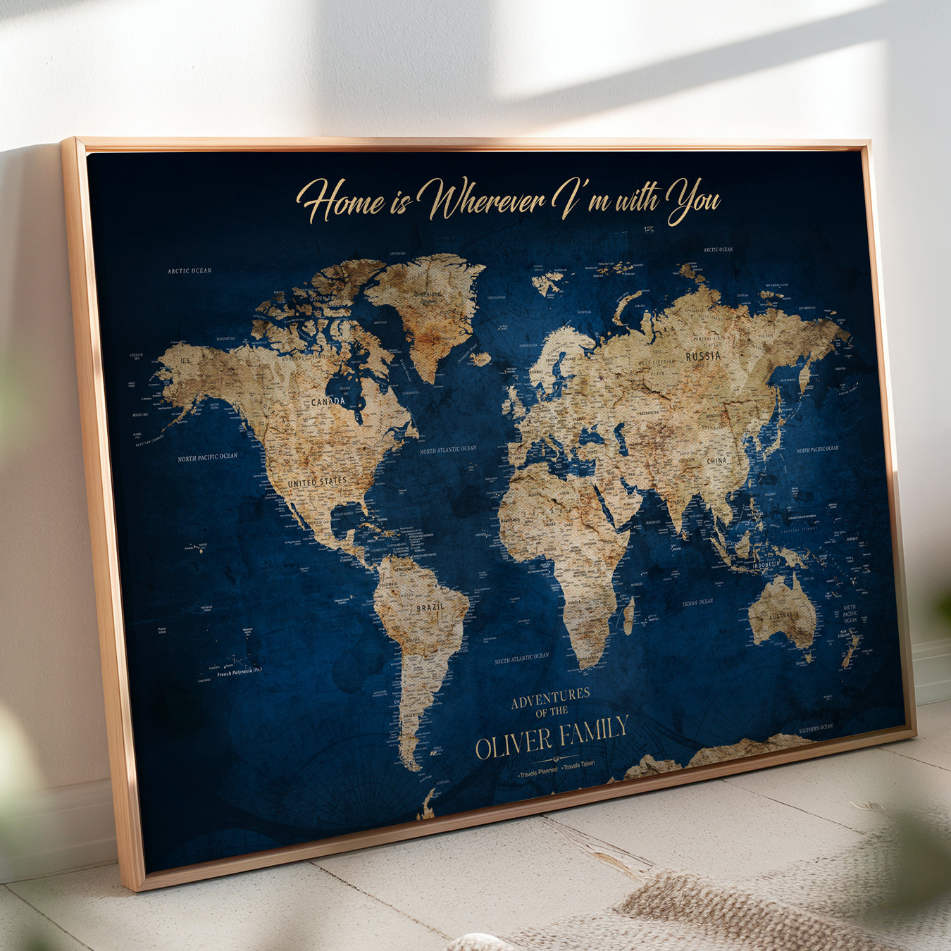 Rehber01-MGV-CV-36X24-Custom Push Pin World Map Personalized Travel Tracker Canvas Gift Framed Anniversary Decor for Home, Office