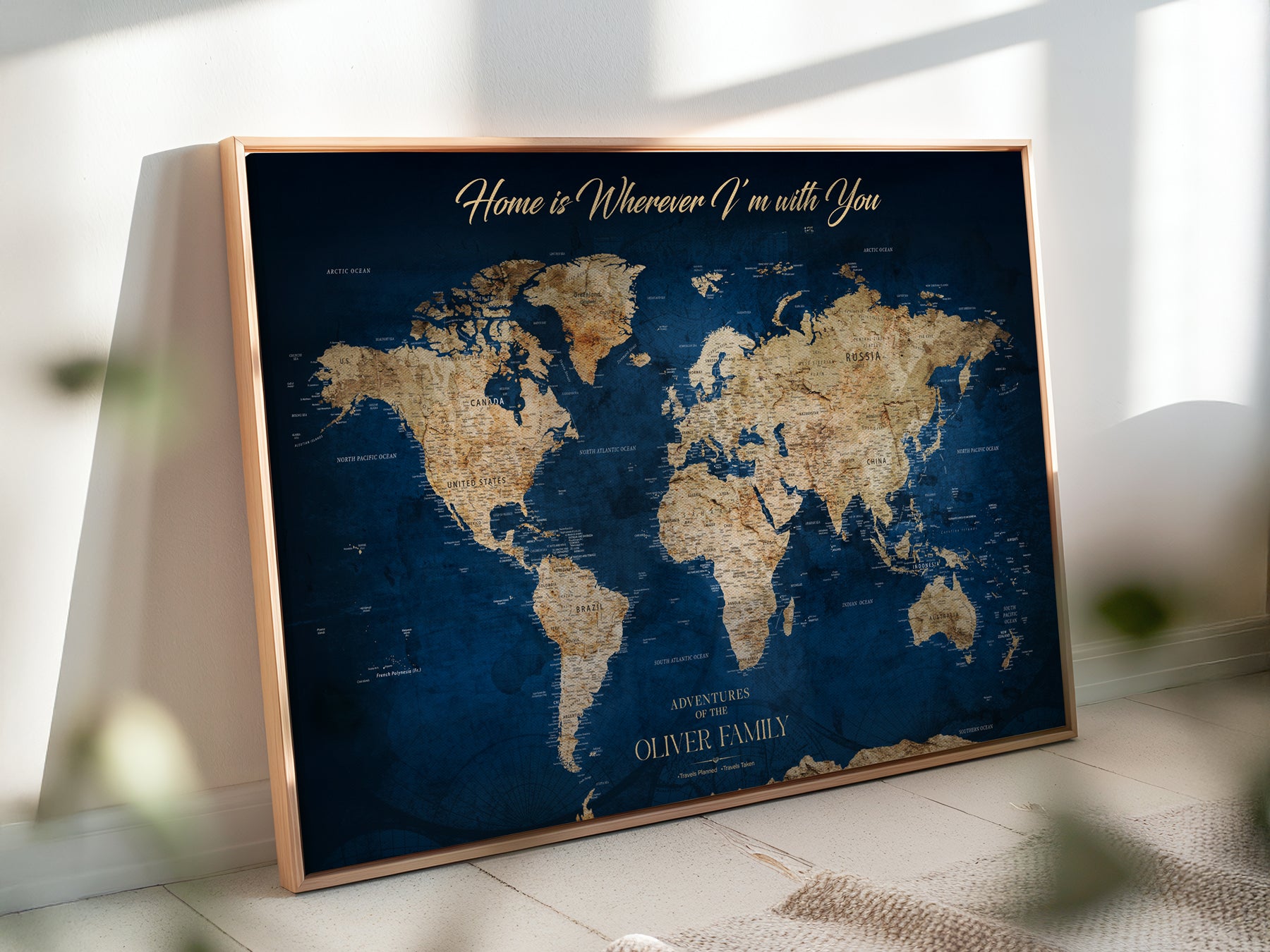Rehber01-MGV-CV-36X24-Custom Push Pin World Map Personalized Travel Tracker Canvas Gift Framed Anniversary Decor for Home, Office