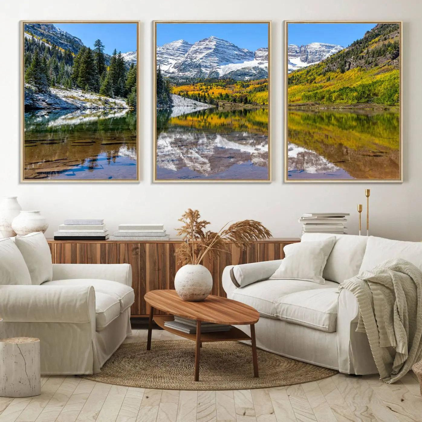 44602-MGV-FC-60X30-3P_Natural-Maroon Bells Canvas Print, Maroon Lake Wall Art, Autumn Landscape Photography