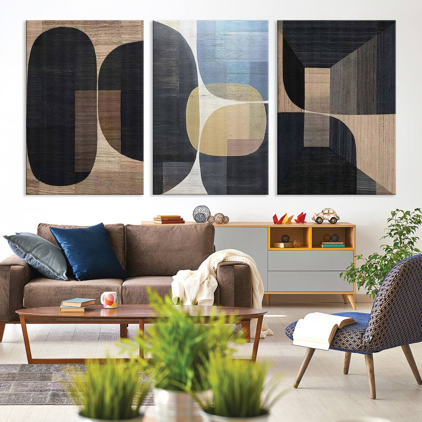 75252-MGV-CV-48X32-3P-Minimalist 3-Panel Abstract Brown Wabi Sabi Wall Art Canvas Print – Modern Zen Nature Artwork for Home, Office