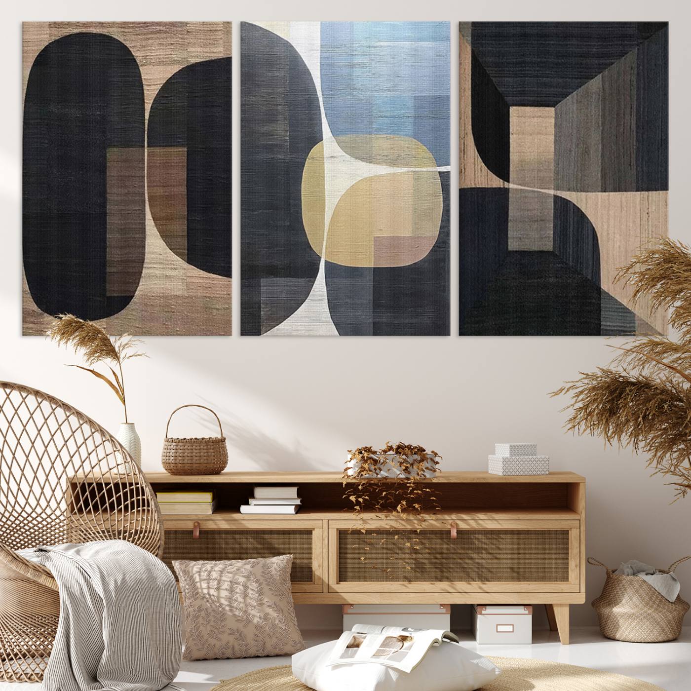 75252-MGV-CV-48X32-3P-Minimalist 3-Panel Abstract Brown Wabi Sabi Wall Art Canvas Print – Modern Zen Nature Artwork for Home, Office