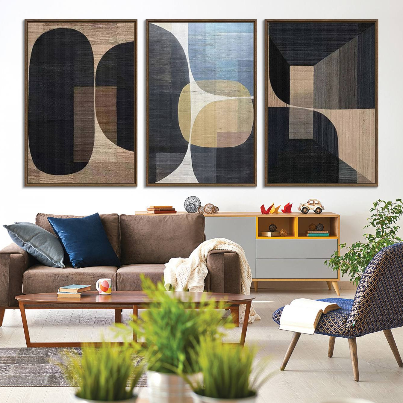 75252-MGV-CV-48X32-3P-Minimalist 3-Panel Abstract Brown Wabi Sabi Wall Art Canvas Print – Modern Zen Nature Artwork for Home, Office