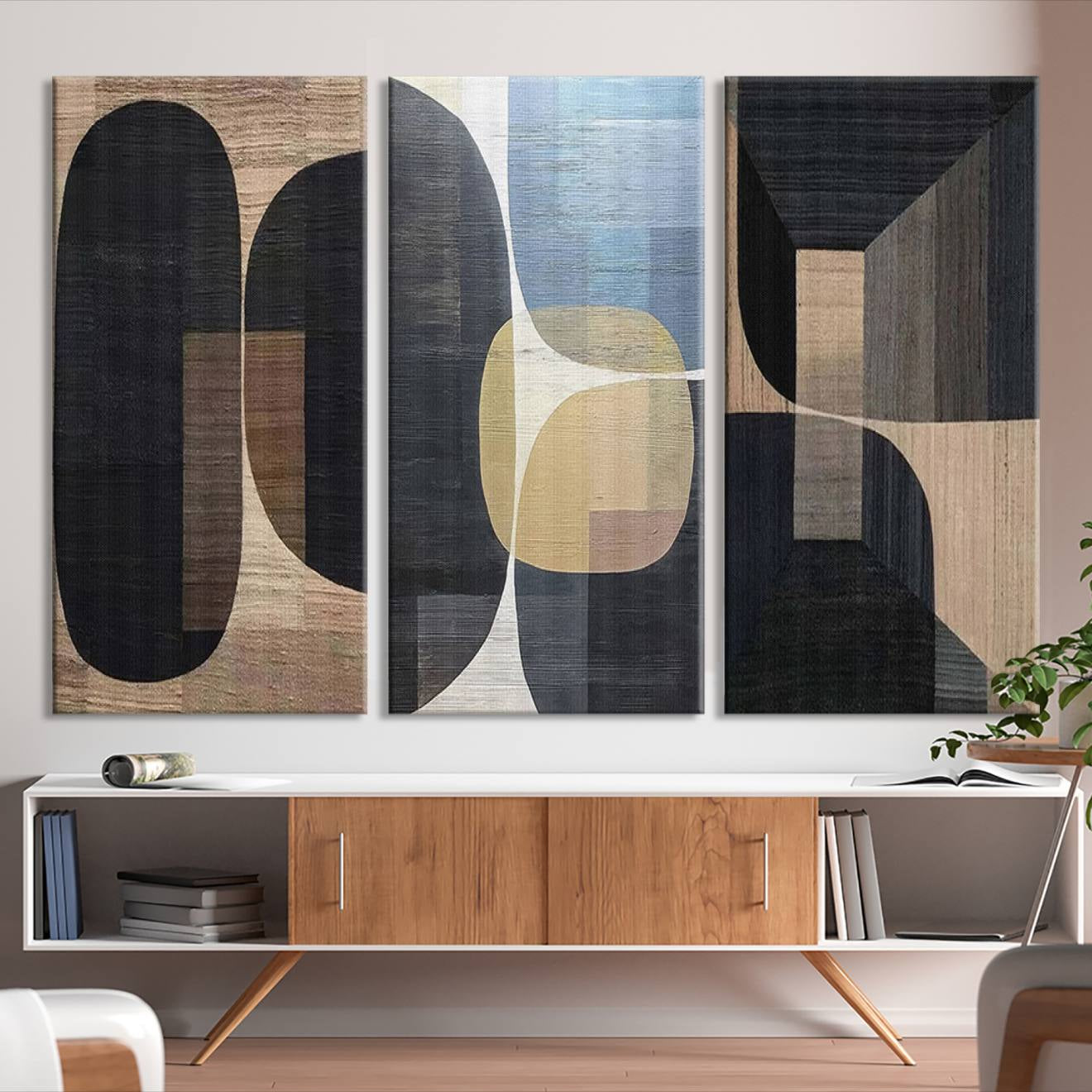 75252-MGV-CV-48X32-3P-Minimalist 3-Panel Abstract Brown Wabi Sabi Wall Art Canvas Print – Modern Zen Nature Artwork for Home, Office