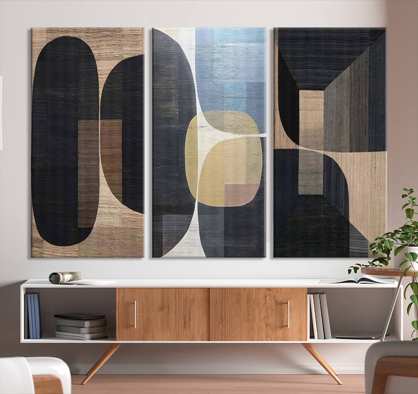 75252-MGV-CV-48X32-3P-Minimalist 3-Panel Abstract Brown Wabi Sabi Wall Art Canvas Print – Modern Zen Nature Artwork for Home, Office