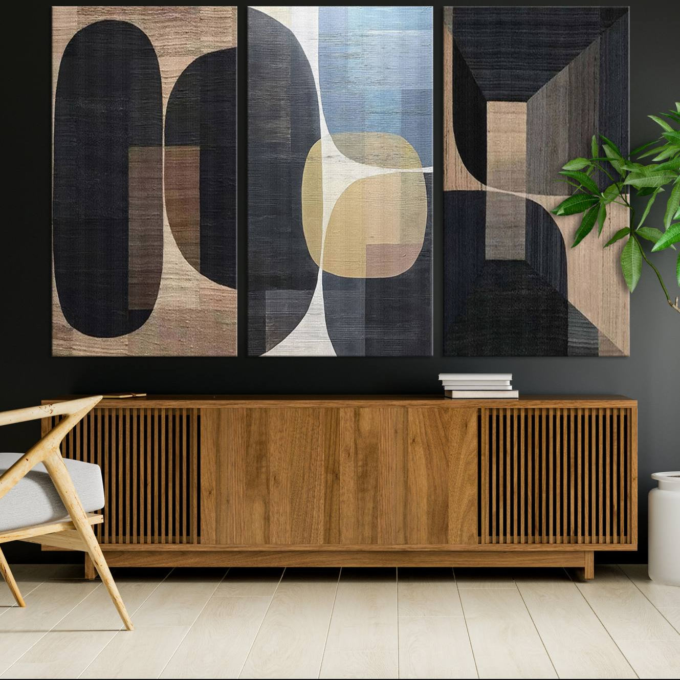 75252-MGV-CV-48X32-3P-Minimalist 3-Panel Abstract Brown Wabi Sabi Wall Art Canvas Print – Modern Zen Nature Artwork for Home, Office