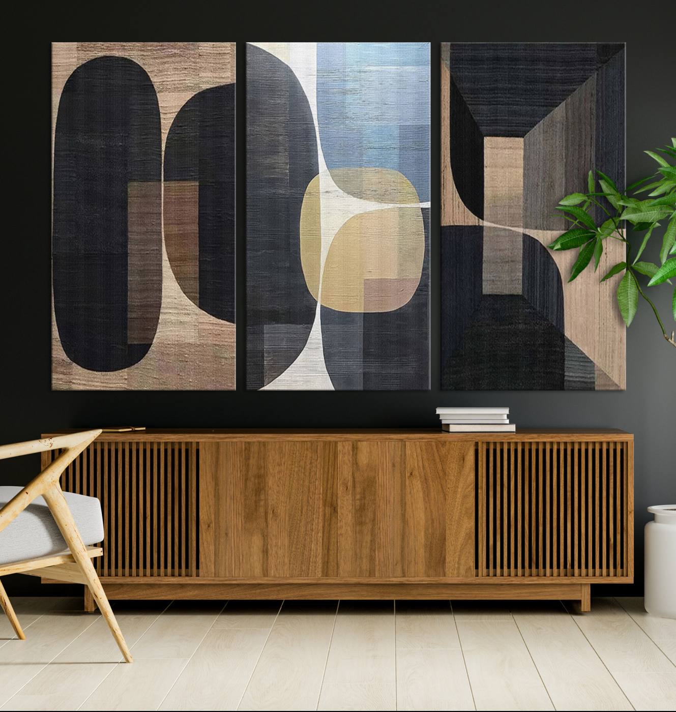 75252-MGV-CV-48X32-3P-Minimalist 3-Panel Abstract Brown Wabi Sabi Wall Art Canvas Print – Modern Zen Nature Artwork for Home, Office