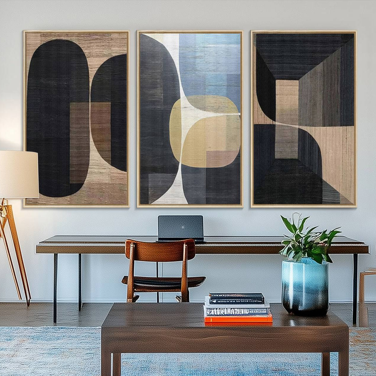 75252-MGV-FC-48X32-3P_Natural-Minimalist 3-Panel Abstract Brown Wabi Sabi Wall Art Canvas Print – Modern Zen Nature Artwork for Home, Office