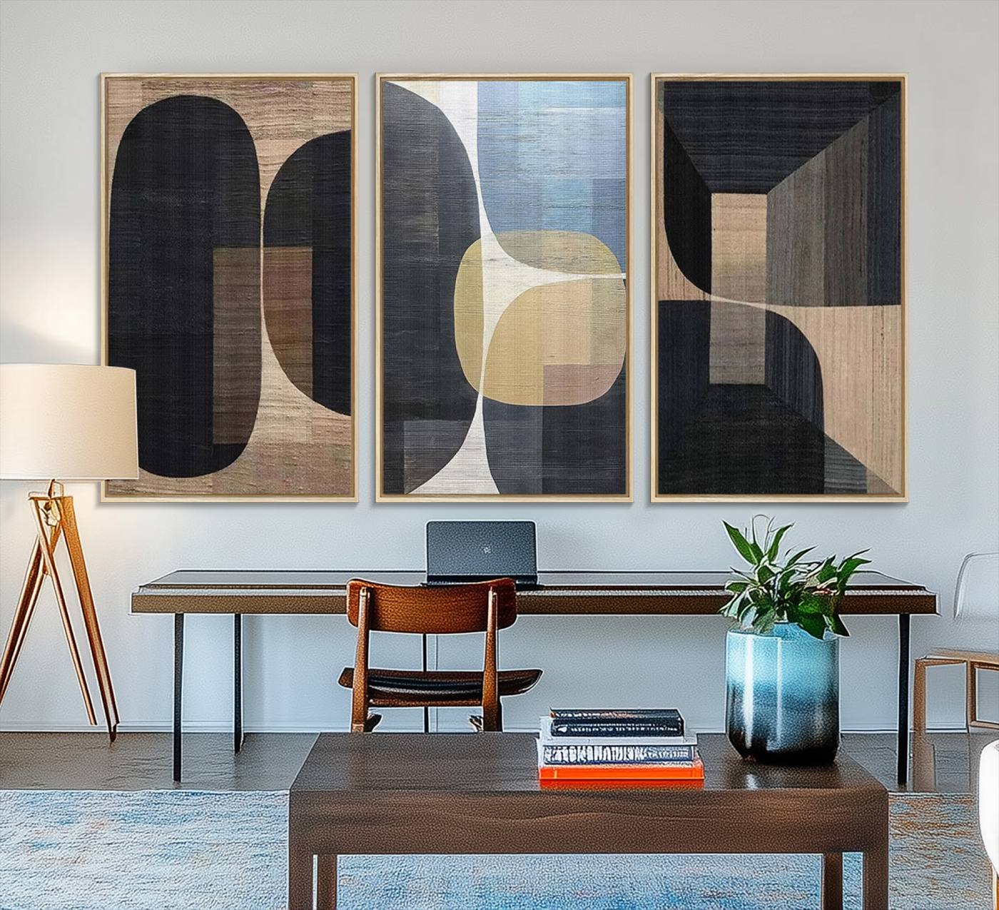 75252-MGV-FC-48X32-3P_Natural-Minimalist 3-Panel Abstract Brown Wabi Sabi Wall Art Canvas Print – Modern Zen Nature Artwork for Home, Office