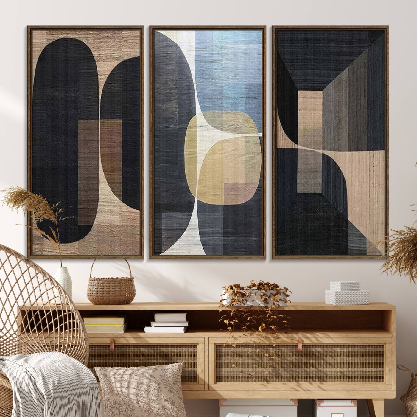 75252-MGV-FC-48X32-3P_Walnut-Minimalist 3-Panel Abstract Brown Wabi Sabi Wall Art Canvas Print – Modern Zen Nature Artwork for Home, Office