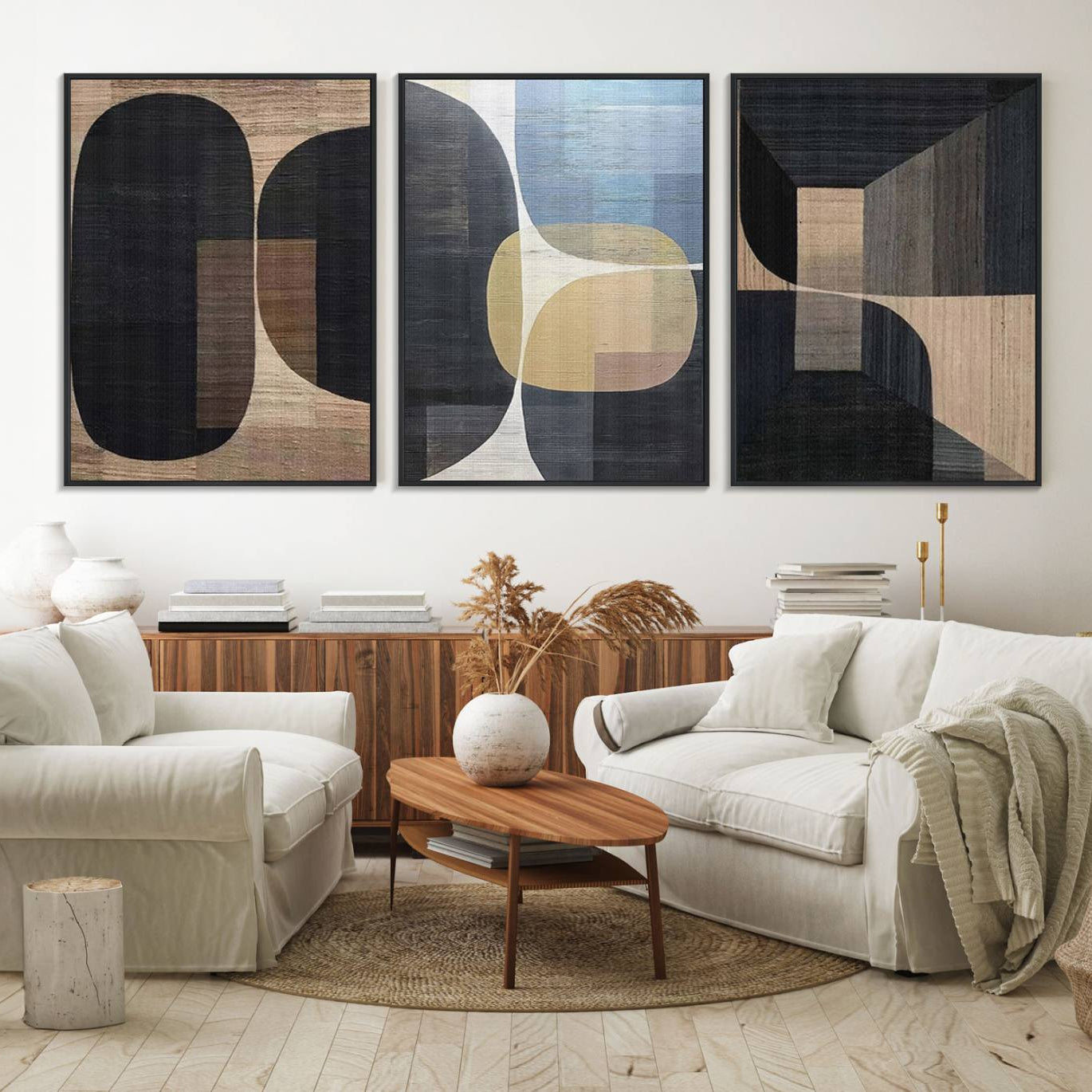 75252-MGV-FC-60X30-3P_Black-Minimalist 3-Panel Abstract Brown Wabi Sabi Wall Art Canvas Print – Modern Zen Nature Artwork for Home, Office