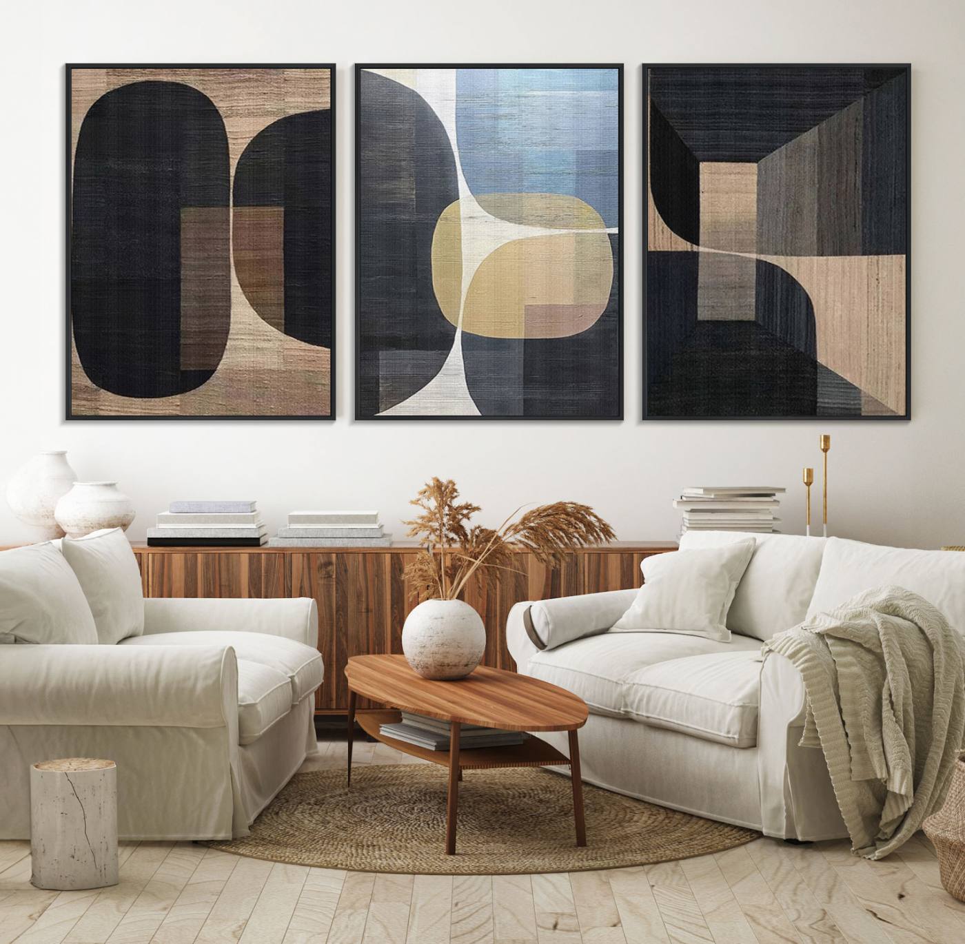 75252-MGV-FC-60X30-3P_Black-Minimalist 3-Panel Abstract Brown Wabi Sabi Wall Art Canvas Print – Modern Zen Nature Artwork for Home, Office