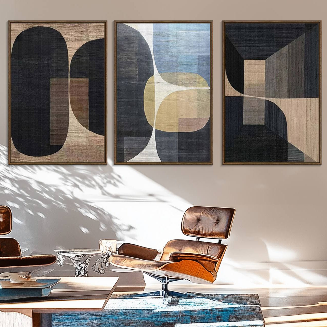 75252-MGV-FC-60X30-3P_Walnut-Minimalist 3-Panel Abstract Brown Wabi Sabi Wall Art Canvas Print – Modern Zen Nature Artwork for Home, Office