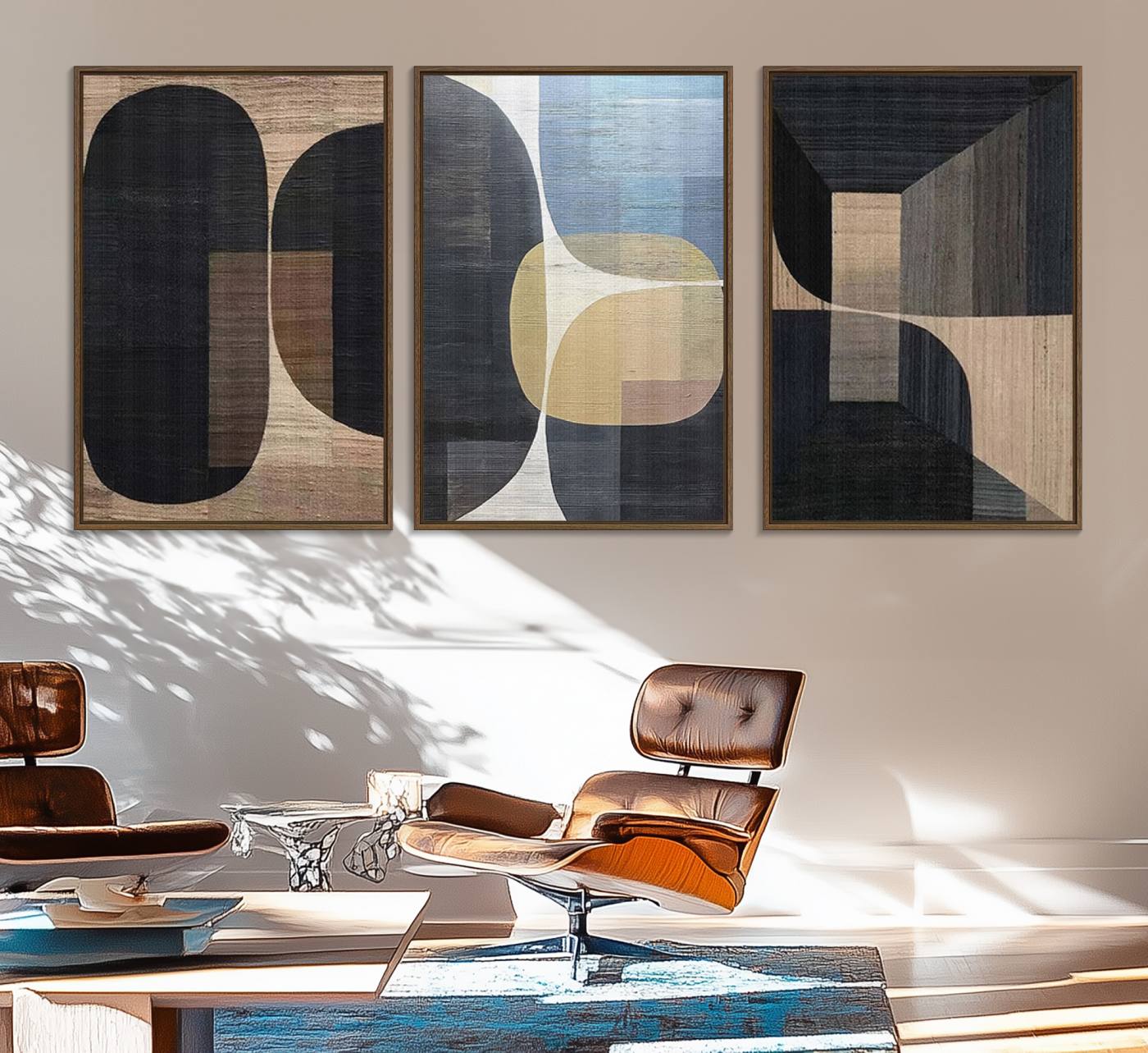 75252-MGV-FC-60X30-3P_Walnut-Minimalist 3-Panel Abstract Brown Wabi Sabi Wall Art Canvas Print – Modern Zen Nature Artwork for Home, Office