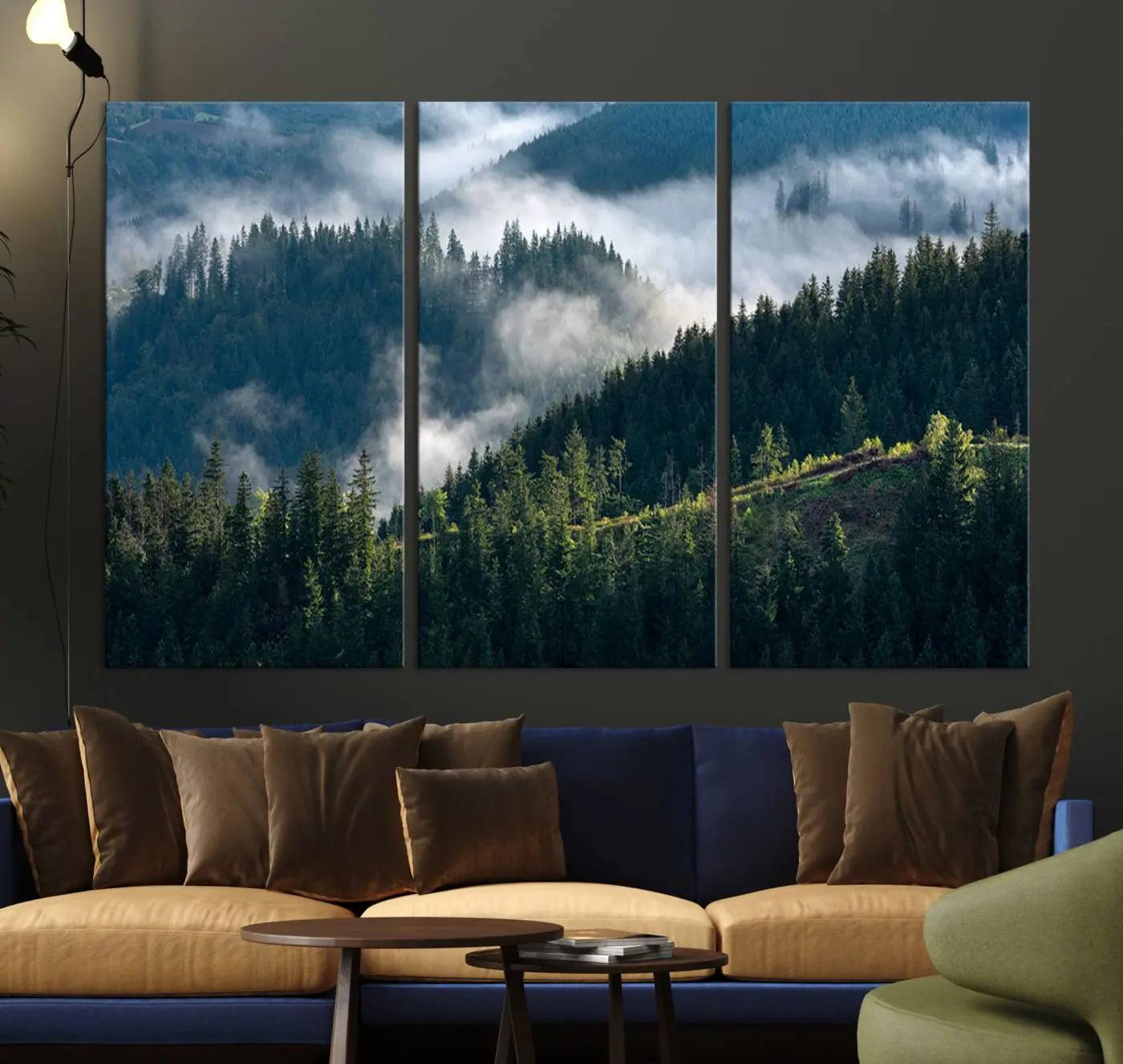 -Misty Forest Hills Canvas Wall Art Print – Serene Evergreen Landscape Wall Decor for Home or Office