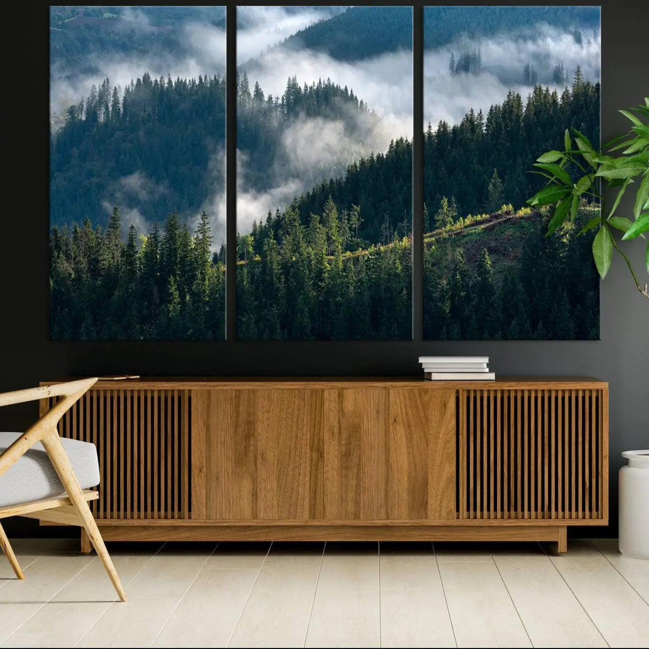 -Misty Forest Hills Canvas Wall Art Print – Serene Evergreen Landscape Wall Decor for Home or Office