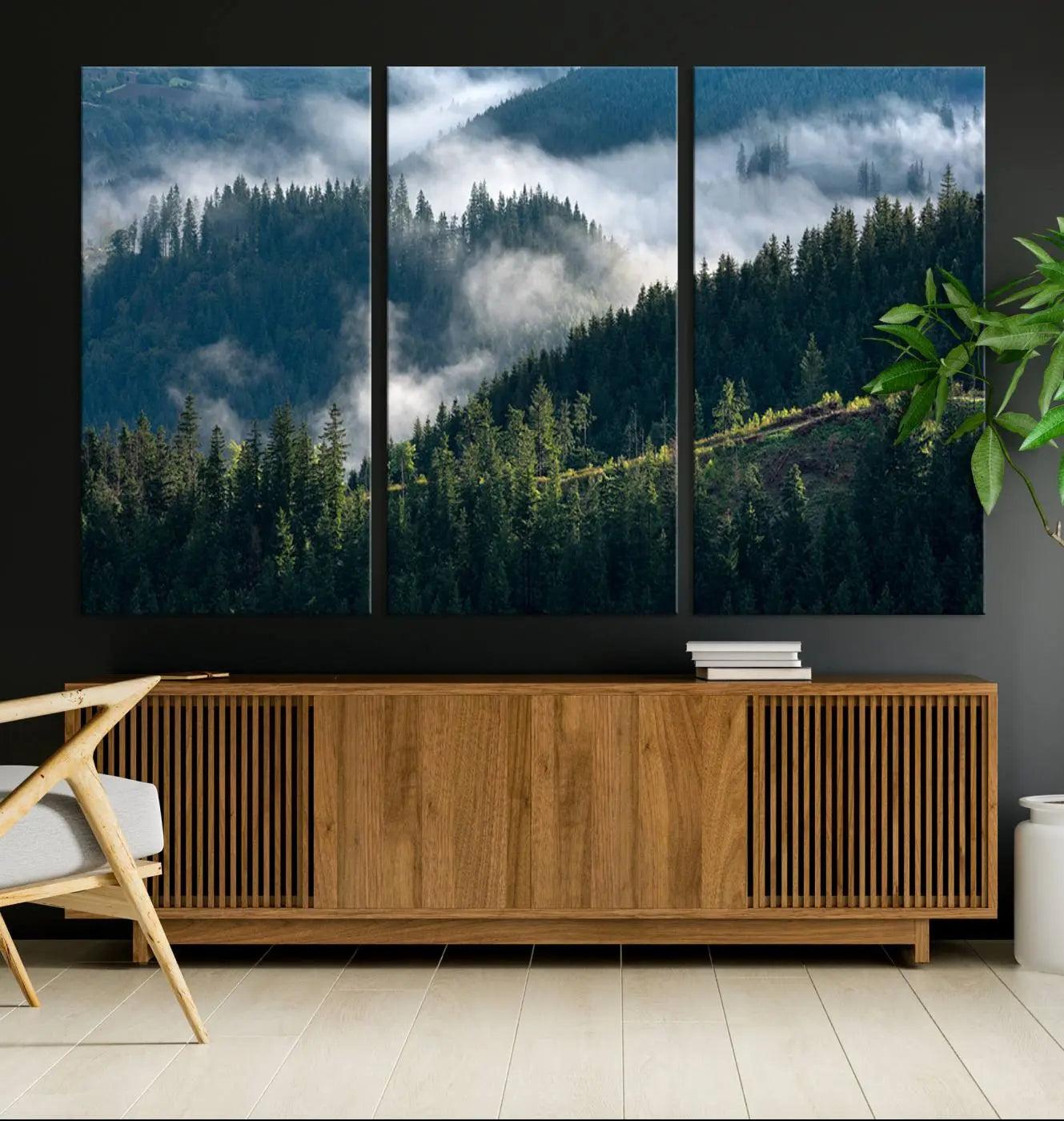 -Misty Forest Hills Canvas Wall Art Print – Serene Evergreen Landscape Wall Decor for Home or Office