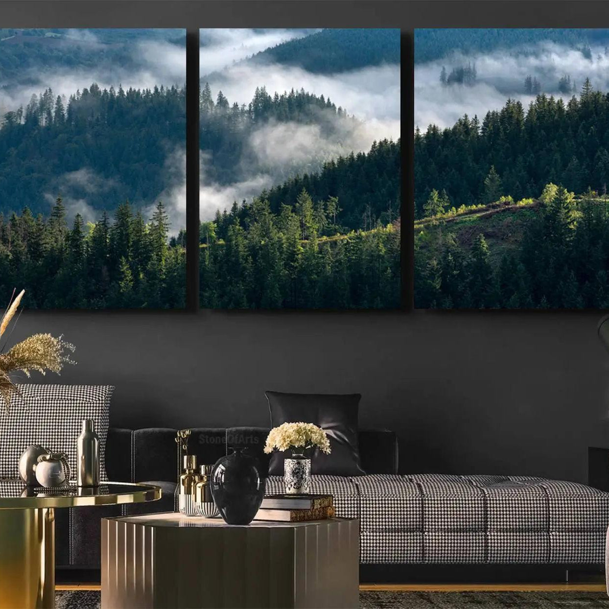 -Misty Forest Hills Canvas Wall Art Print – Serene Evergreen Landscape Wall Decor for Home or Office