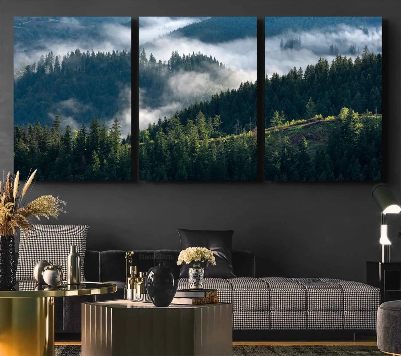 -Misty Forest Hills Canvas Wall Art Print – Serene Evergreen Landscape Wall Decor for Home or Office