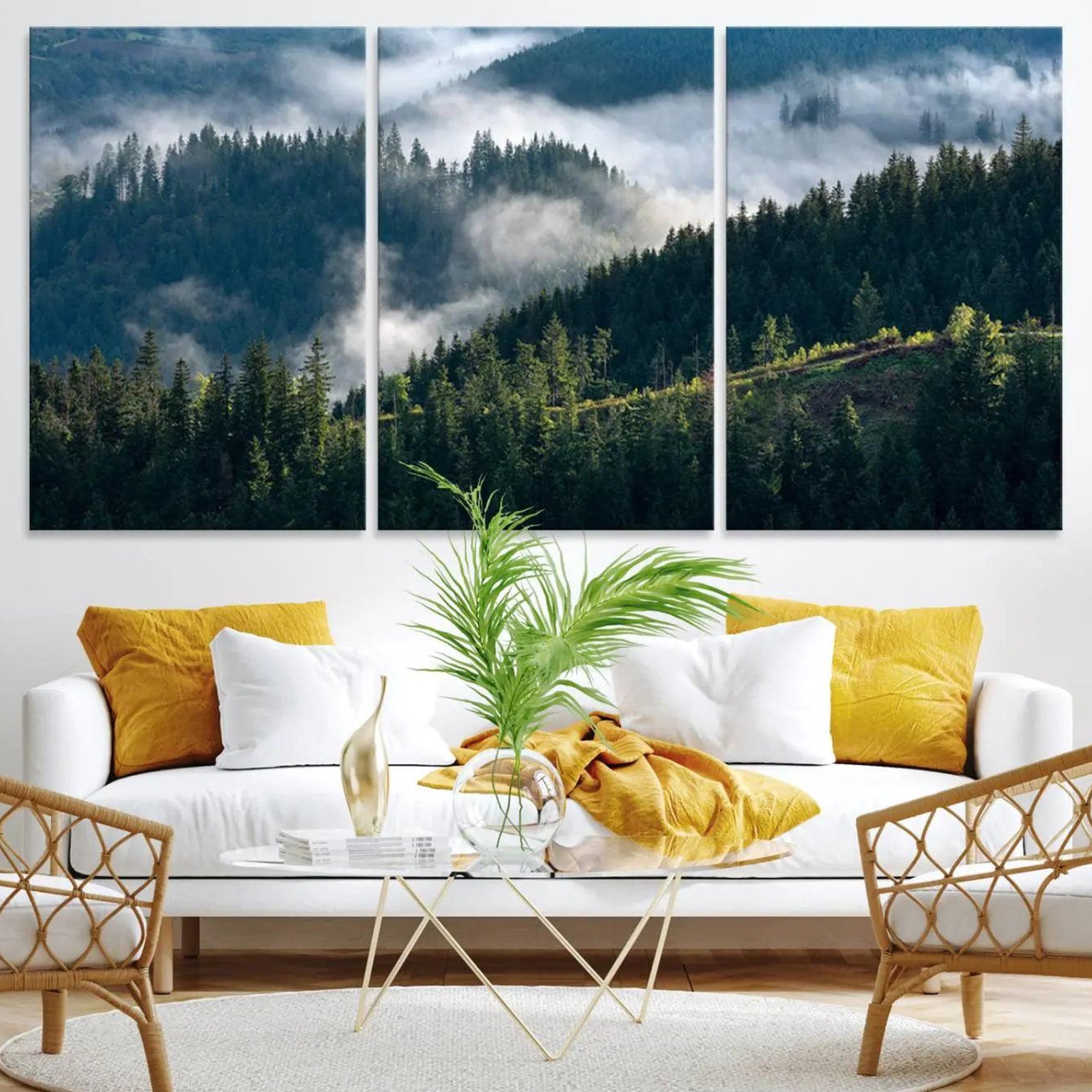 55972-MGV-CV-36X24-Misty Forest Hills Canvas Wall Art Print – Serene Evergreen Landscape Wall Decor for Home or Office