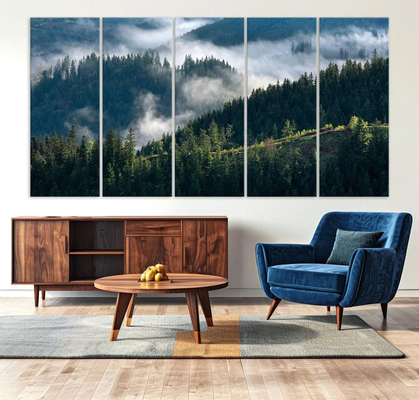 -Misty Forest Hills Canvas Wall Art Print – Serene Evergreen Landscape Wall Decor for Home or Office