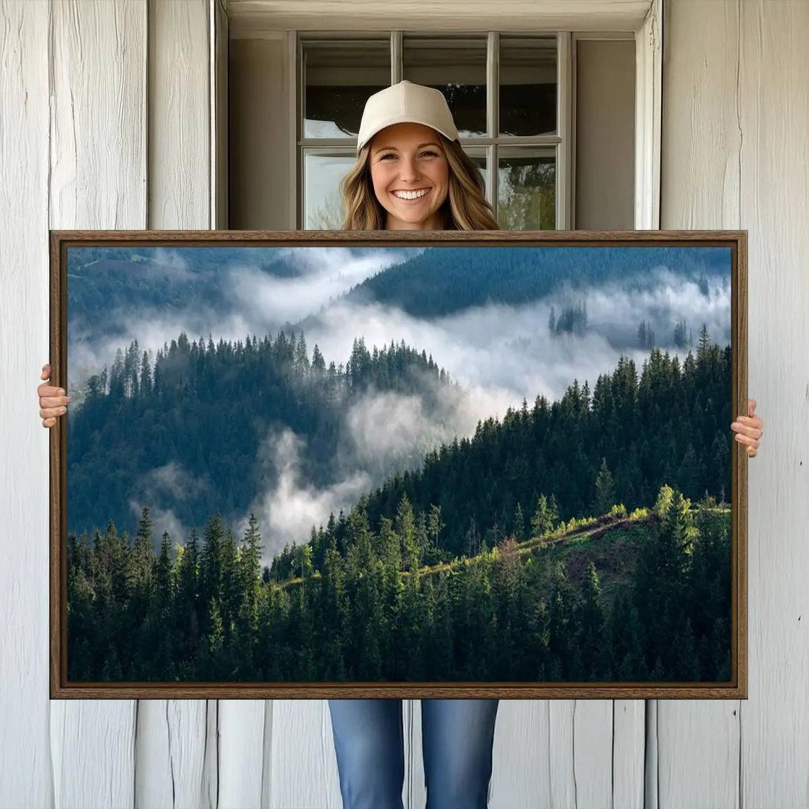 -Misty Forest Hills Canvas Wall Art Print – Serene Evergreen Landscape Wall Decor for Home or Office