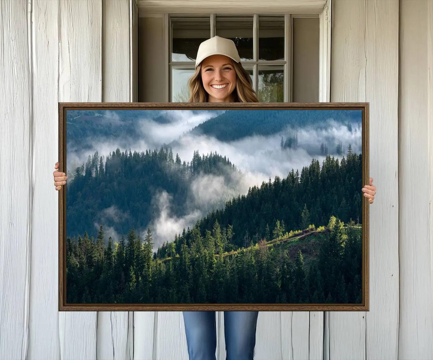-Misty Forest Hills Canvas Wall Art Print – Serene Evergreen Landscape Wall Decor for Home or Office