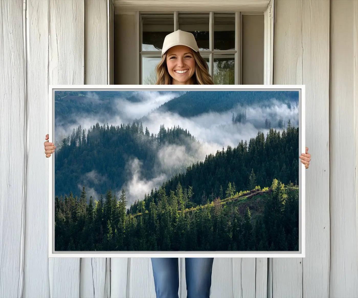 -Misty Forest Hills Canvas Wall Art Print – Serene Evergreen Landscape Wall Decor for Home or Office