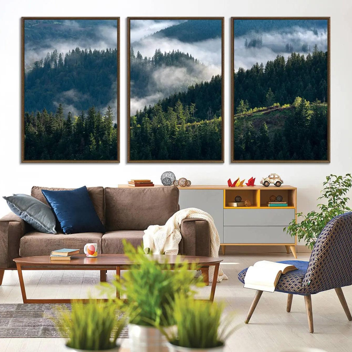 -Misty Forest Hills Canvas Wall Art Print – Serene Evergreen Landscape Wall Decor for Home or Office