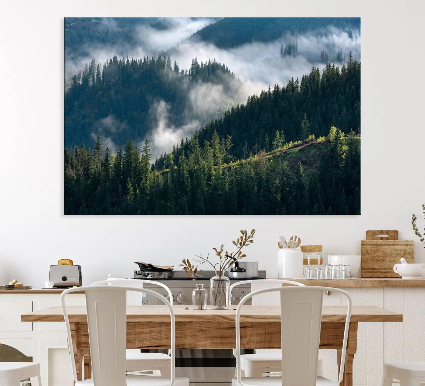 55972-MGV-CV-36X24-Misty Forest Hills Canvas Wall Art Print – Serene Evergreen Landscape Wall Decor for Home or Office