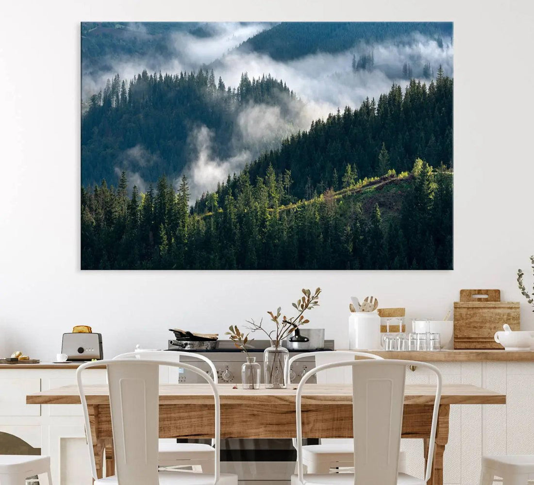 Misty Forest Hills Canvas Wall Art Print | Serene Evergreen Landscape