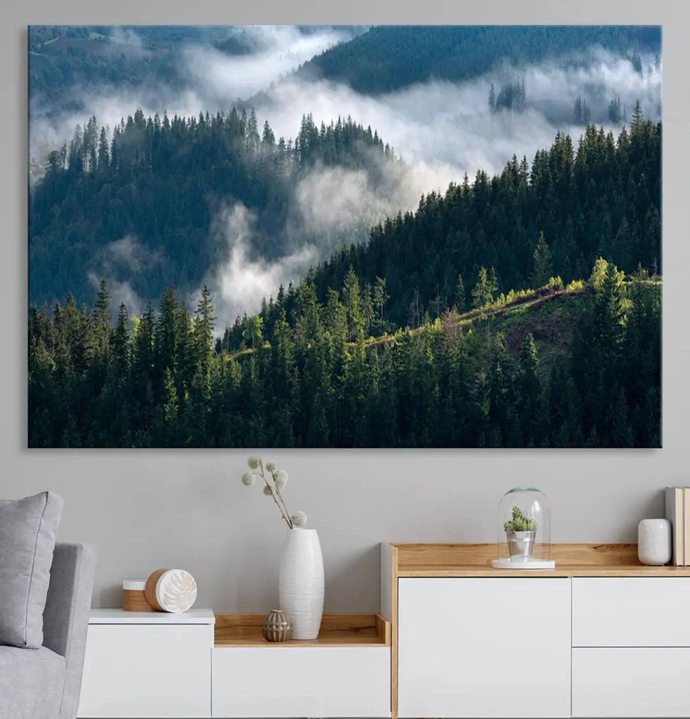 -Misty Forest Hills Canvas Wall Art Print – Serene Evergreen Landscape Wall Decor for Home or Office