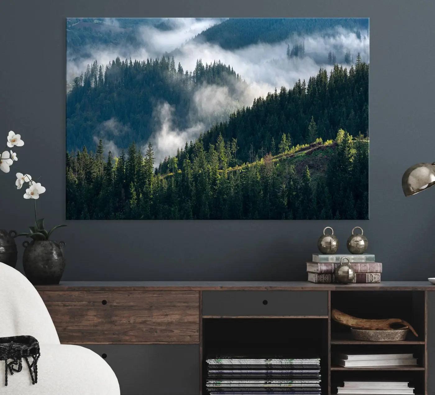 -Misty Forest Hills Canvas Wall Art Print – Serene Evergreen Landscape Wall Decor for Home or Office