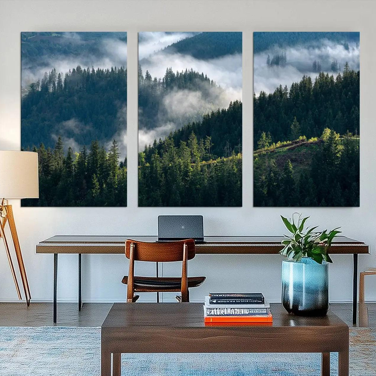 55972-MGV-CV-48X32-3P-Misty Forest Hills Canvas Wall Art Print – Serene Evergreen Landscape Wall Decor for Home or Office