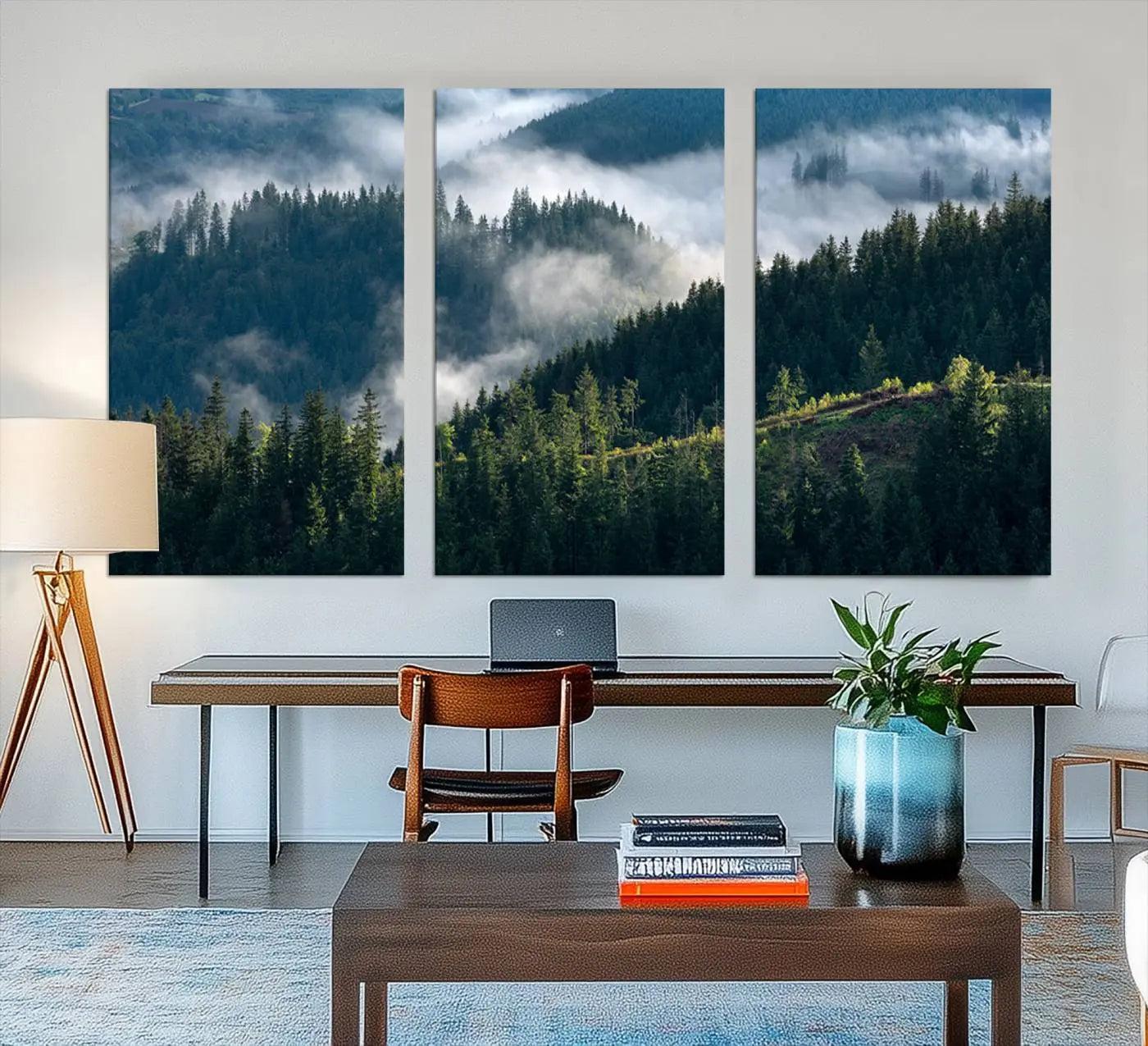 55972-MGV-CV-48X32-3P-Misty Forest Hills Canvas Wall Art Print – Serene Evergreen Landscape Wall Decor for Home or Office