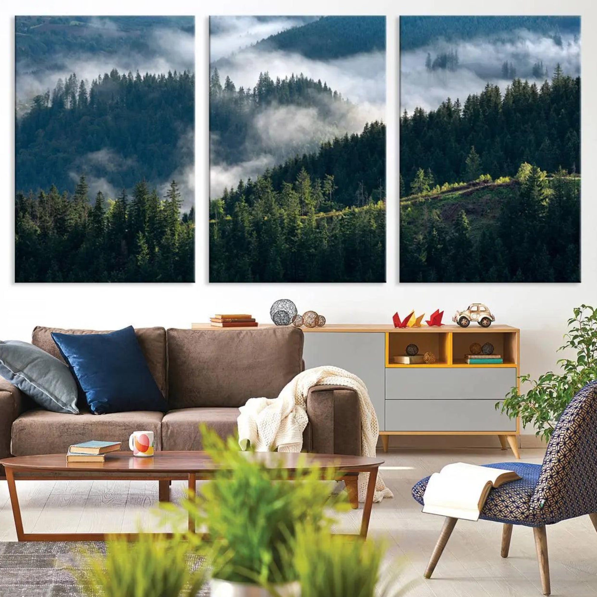 55972-MGV-CV-36X24-Misty Forest Hills Canvas Wall Art Print – Serene Evergreen Landscape Wall Decor for Home or Office