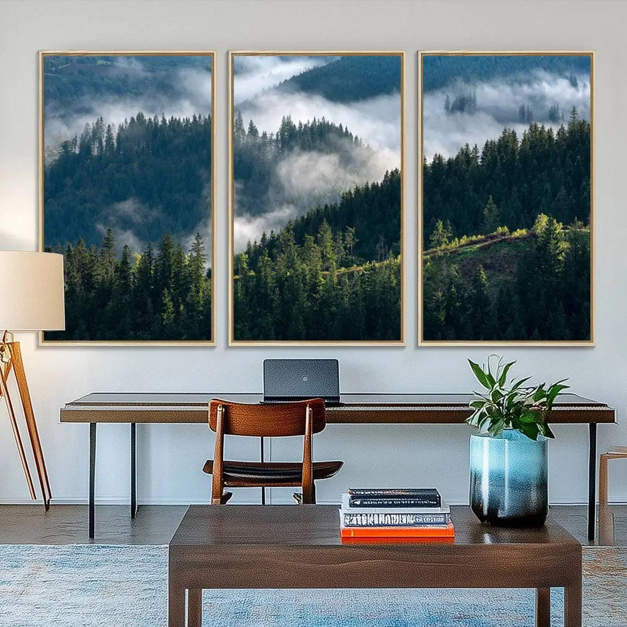 55972-MGV-FC-48X32-3P_Natural-Misty Forest Hills Canvas Wall Art Print – Serene Evergreen Landscape Wall Decor for Home or Office