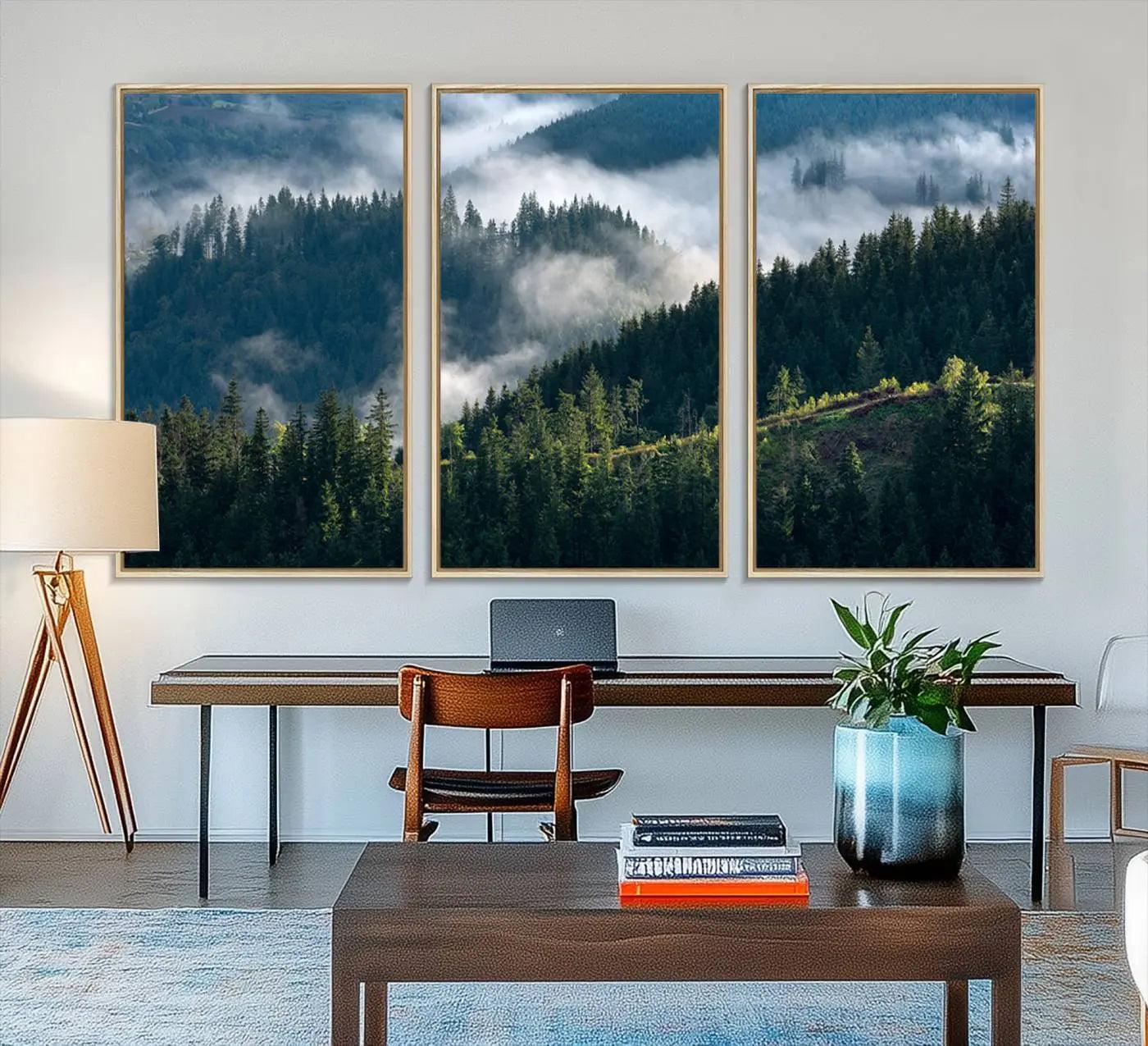55972-MGV-FC-48X32-3P_Natural-Misty Forest Hills Canvas Wall Art Print – Serene Evergreen Landscape Wall Decor for Home or Office
