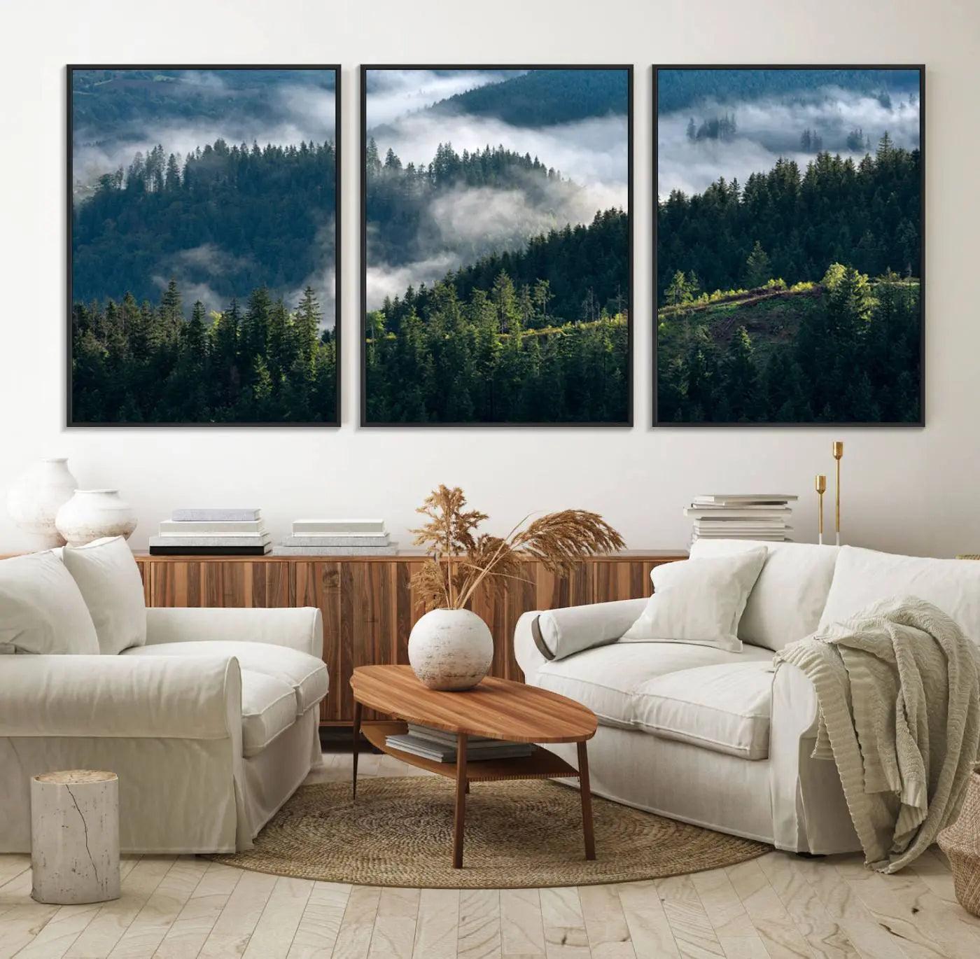 55972-MGV-FC-60X30-3P_Black-Misty Forest Hills Canvas Wall Art Print – Serene Evergreen Landscape Wall Decor for Home or Office