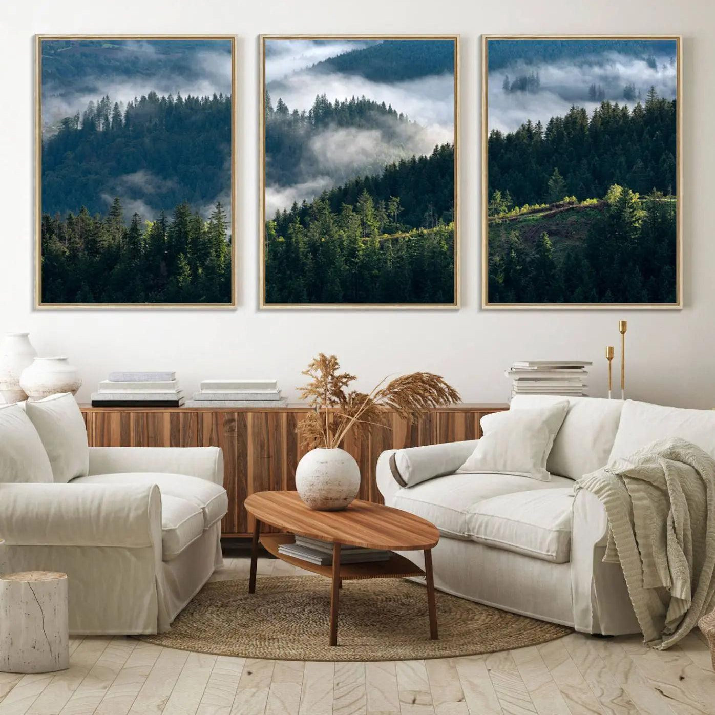 55972-MGV-FC-60X30-3P_Natural-Misty Forest Hills Canvas Wall Art Print – Serene Evergreen Landscape Wall Decor for Home or Office