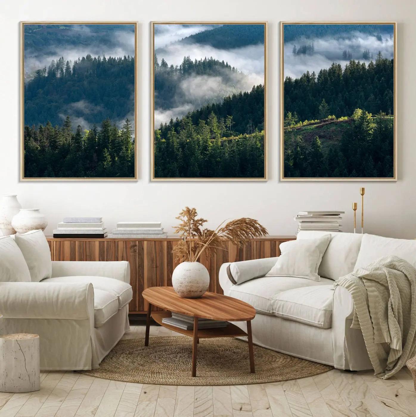 55972-MGV-FC-60X30-3P_Natural-Misty Forest Hills Canvas Wall Art Print – Serene Evergreen Landscape Wall Decor for Home or Office