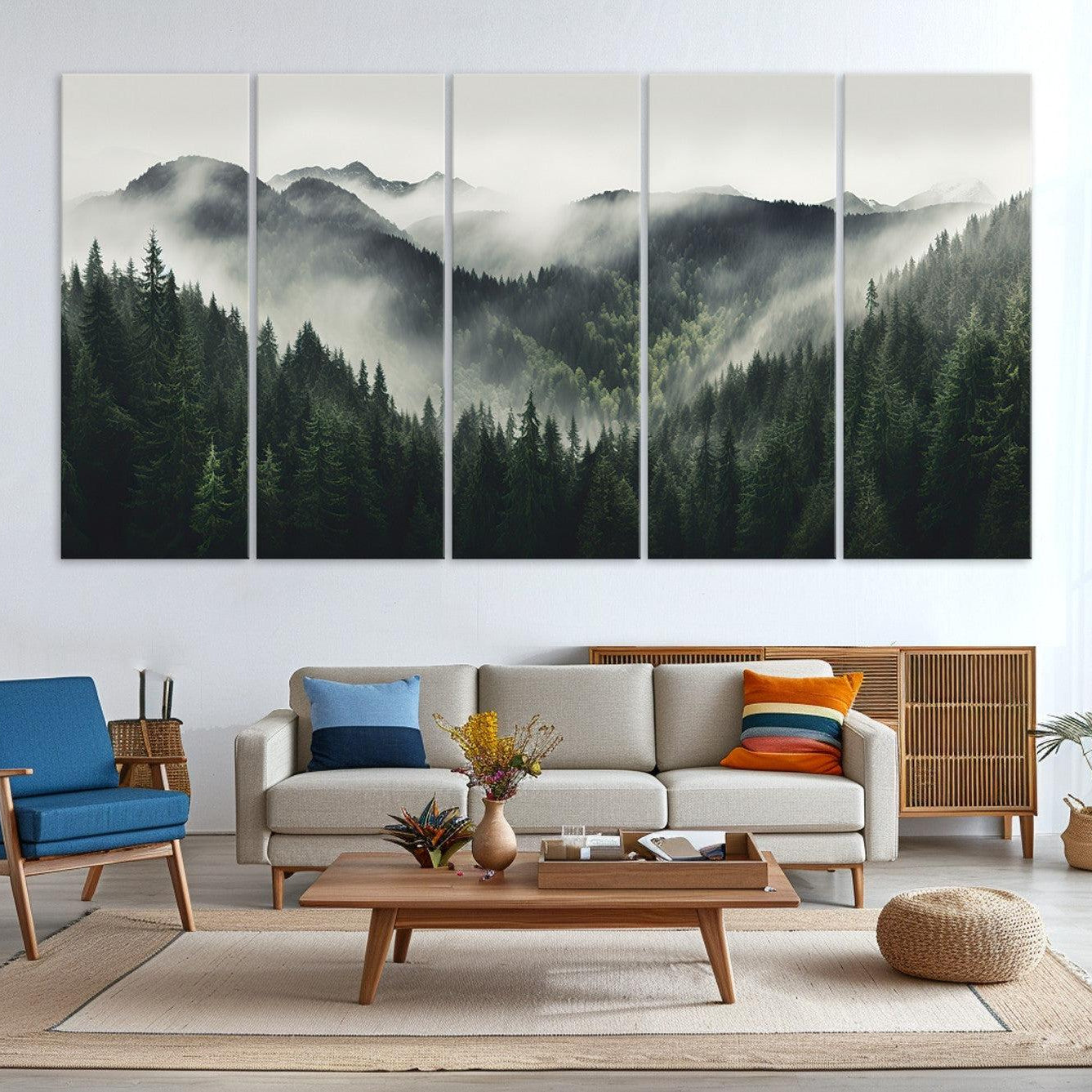 -Misty Mountain Forest Canvas Wall Art Print – Serene Evergreen Landscape Wall Decor for Home or