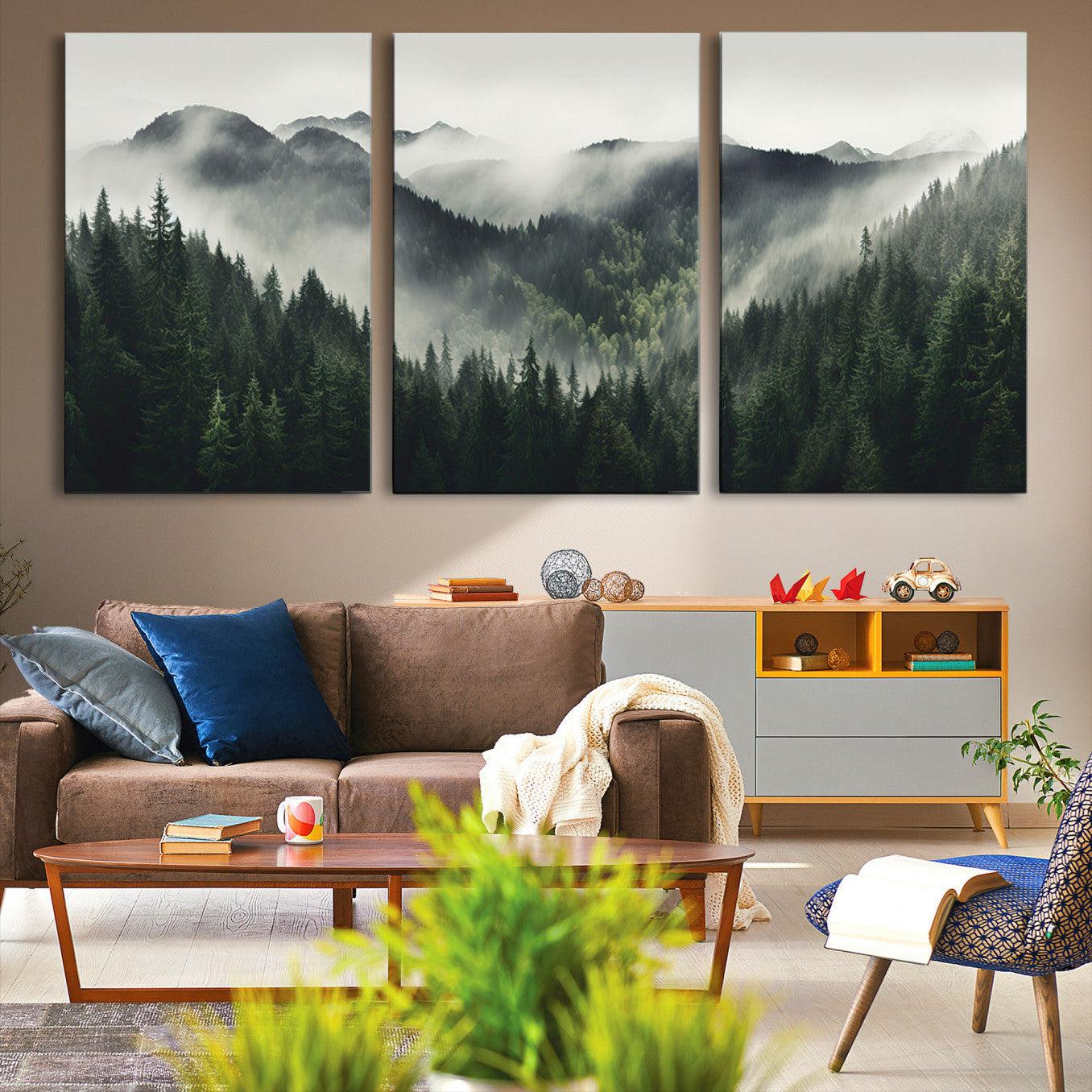 -Misty Mountain Forest Canvas Wall Art Print – Serene Evergreen Landscape Wall Decor for Home or