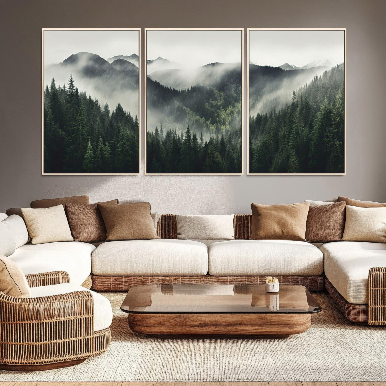 -Misty Mountain Forest Canvas Wall Art Print – Serene Evergreen Landscape Wall Decor for Home or