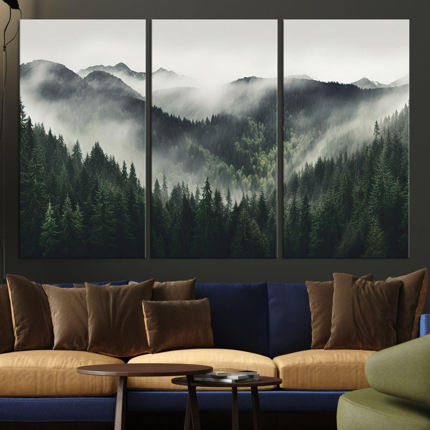 -Misty Mountain Forest Canvas Wall Art Print – Serene Evergreen Landscape Wall Decor for Home or
