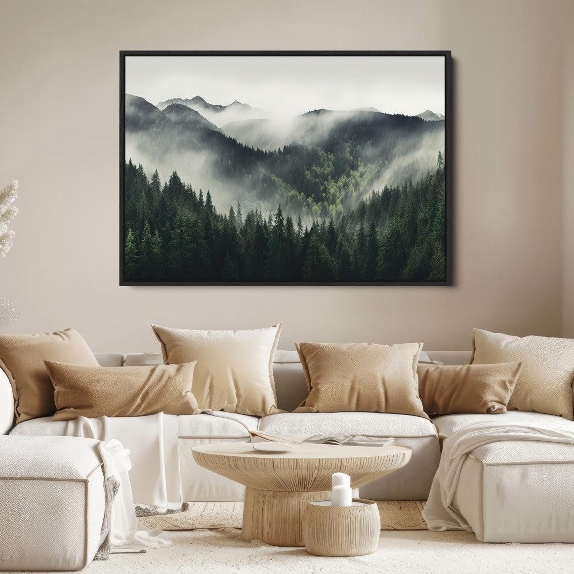 90953-MGV-FC-36X24_Black-Misty Mountain Forest Canvas Wall Art Print – Serene Evergreen Landscape Wall Decor for Home or