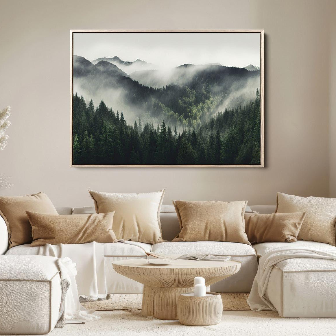 90953-MGV-FC-36X24_Natural-Misty Mountain Forest Canvas Wall Art Print – Serene Evergreen Landscape Wall Decor for Home or
