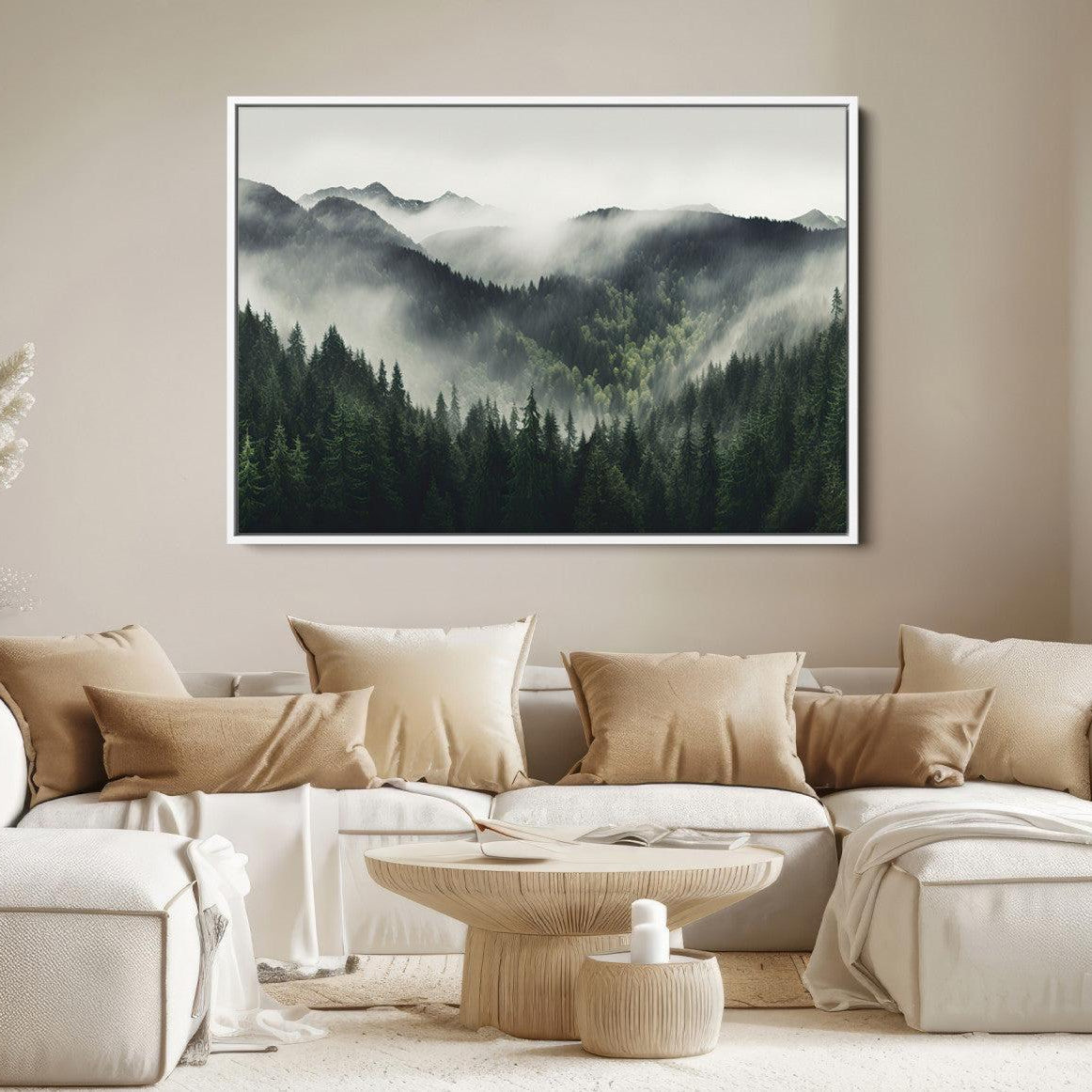 90953-MGV-FC-36X24_White-Misty Mountain Forest Canvas Wall Art Print – Serene Evergreen Landscape Wall Decor for Home or