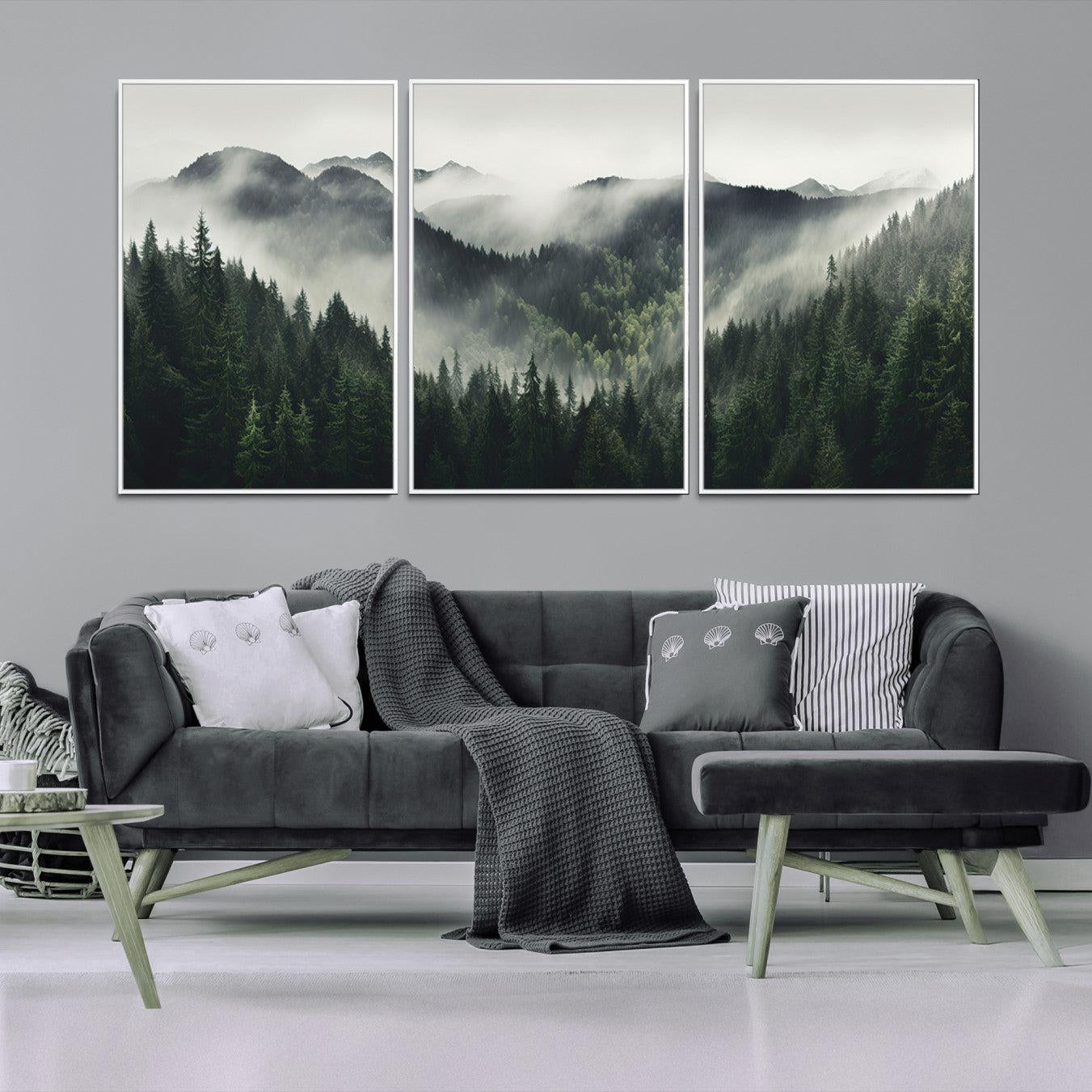 90953-MGV-FC-60X30-3P_White-Misty Mountain Forest Canvas Wall Art Print – Serene Evergreen Landscape Wall Decor for Home or